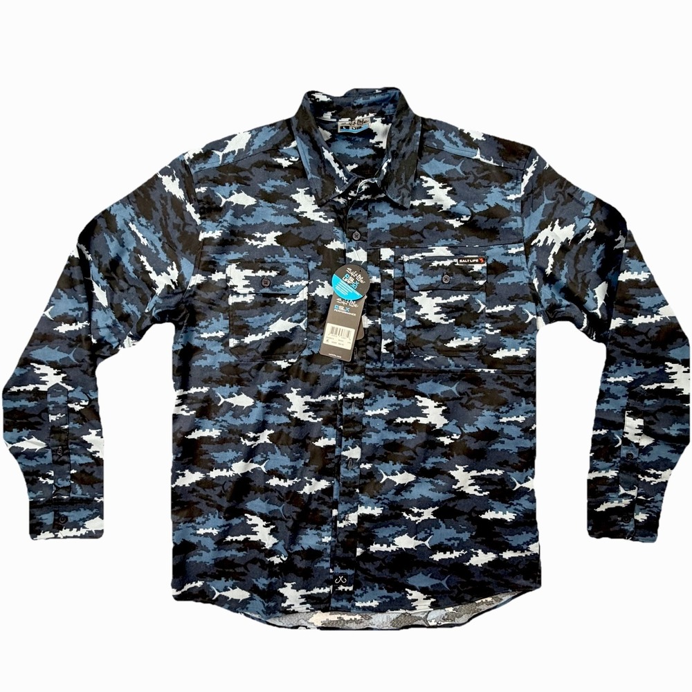 Salt Life SLX‎ Camo Performance Shirt Fishing Blue L NWT Stretch